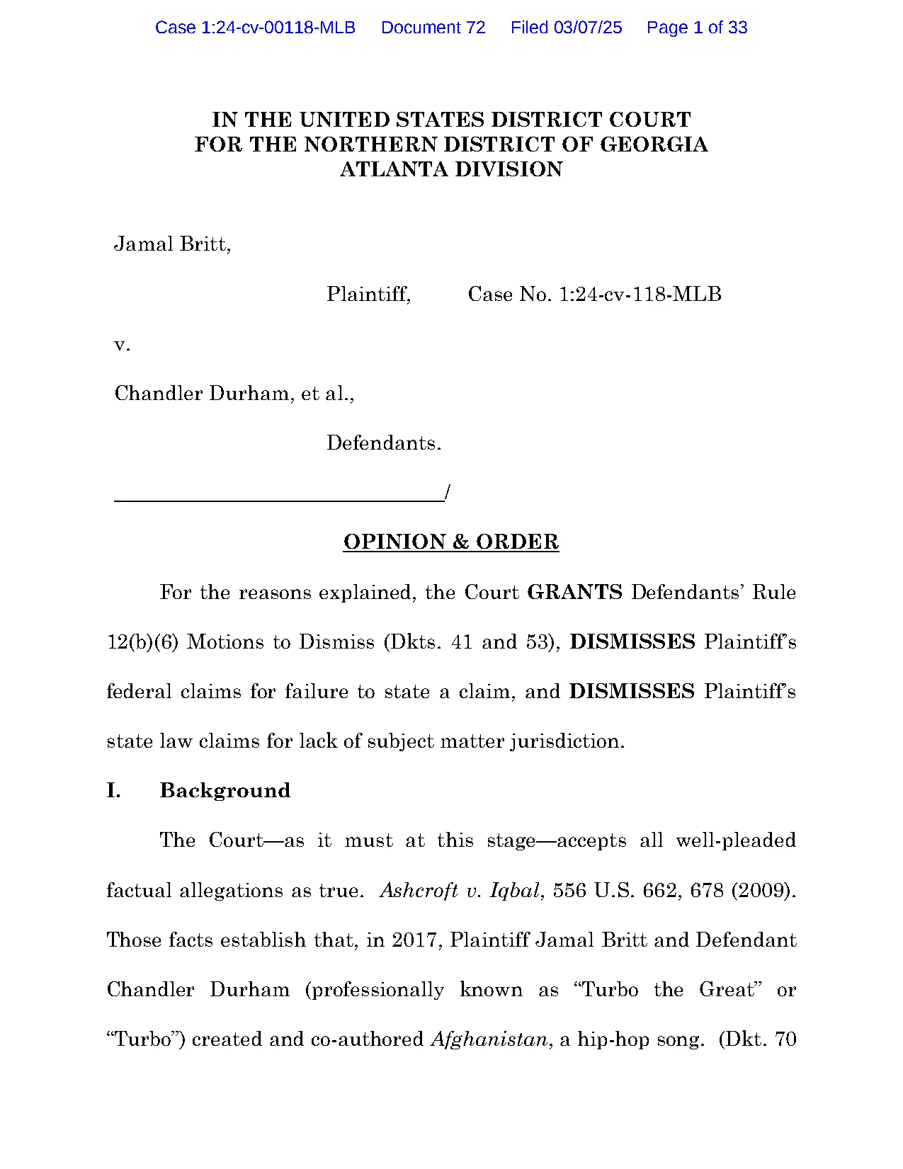 First page of the March 7, 2025 opinion in Jamal Britt v. Chandler Durham, showing the case caption and dismissal
