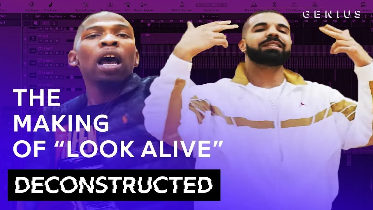 BlocBoy JB and Drake beside the words The making of Look Alive, Deconstructed, over a music-production session