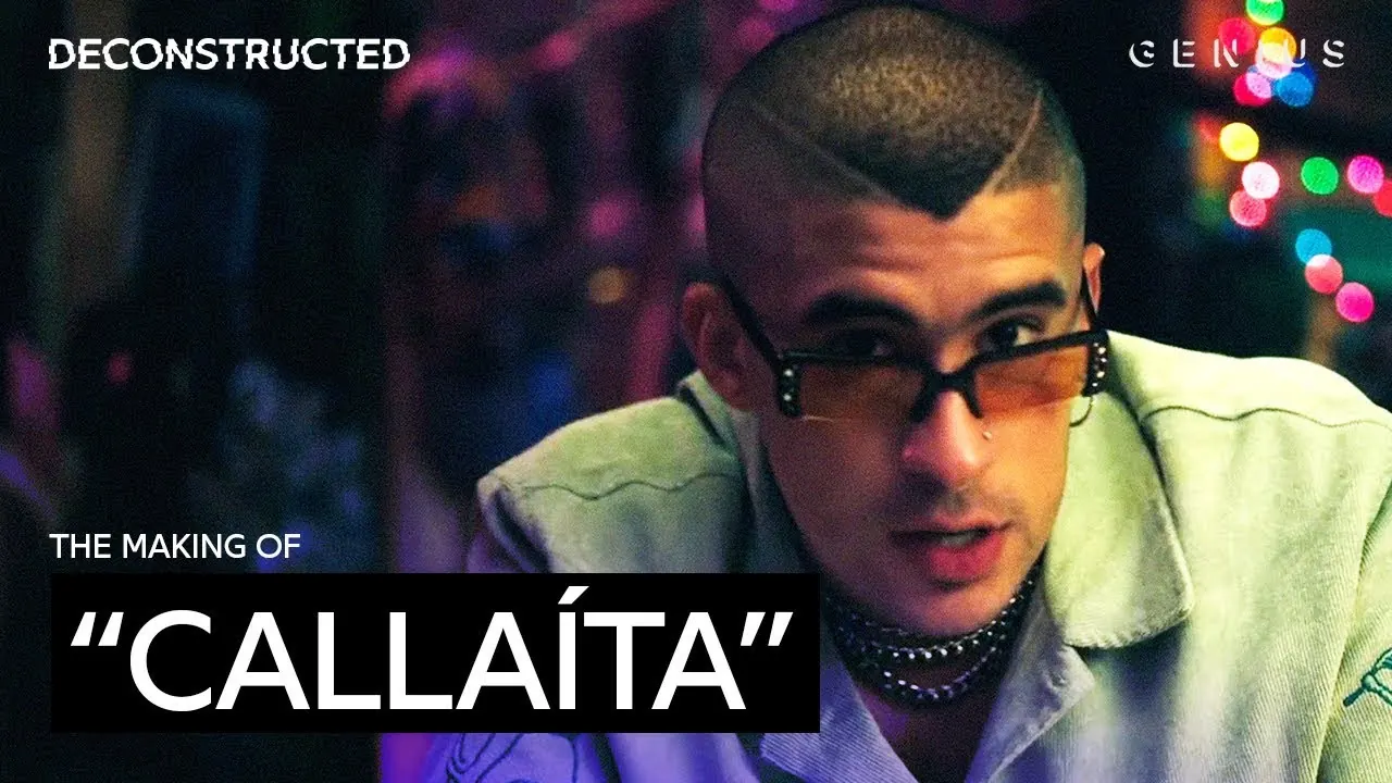 Bad Bunny in orange-tinted glasses and a pale green jacket beside the words The making of Callaíta and the Genius logo